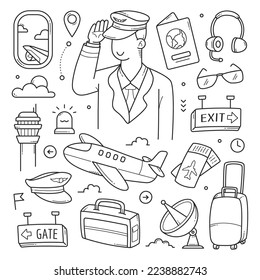 Pilot and airport object doodle hand drawn vector illustration