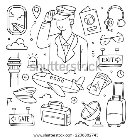 Pilot and airport object doodle hand drawn vector illustration