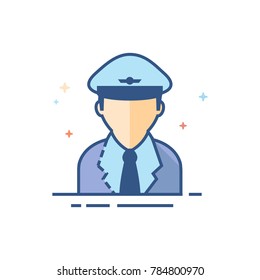 Pilot avatar icon in outlined flat color style. Vector illustration.