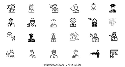 Pilot and aviation crew line icons set. Hand drawn vector illustrations of airline captains, flight attendants, airport security, passport control, and commercial aviation characters isolated on white background.