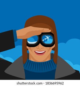 Pilot in aviation glasses looks at flying plane