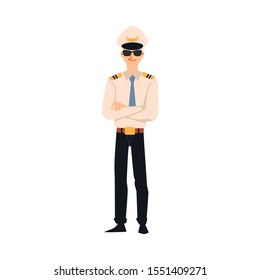 Pilot or aviator in aircraft company uniform cartoon character flat vector illustration isolated on white background. Flight crew member for travel and tourism topic.