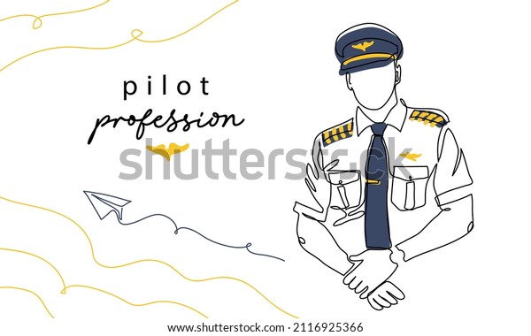 Pilot, aviator profession, man in uniform. Vector\
background, banner, poster. One continuous line art drawing\
illustration of pilot.