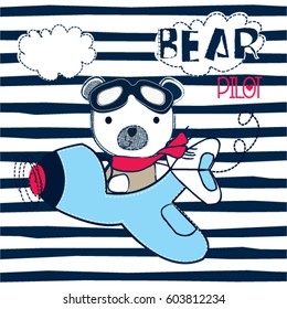 pilot bear on striped background, T-shirt graphics for kids vector illustration