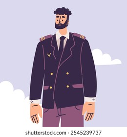 Personagem Homem Barbudo Piloto em Uniforme com Ilustração de Vetor de Gravata