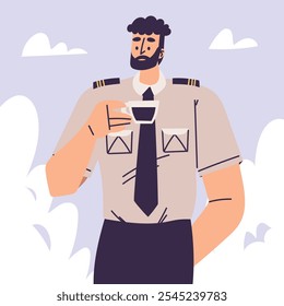 Personagem Homem Barbudo Piloto em Uniforme com Ilustração de Bebida de Laço Café Vetor