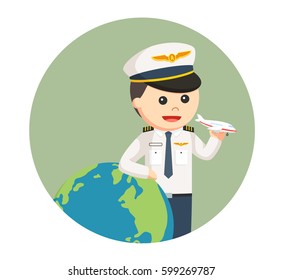 pilot with big globe and plane toy in circle background