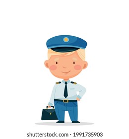 Pilot in a blue uniform and with a black bag. Hand luggage. Carry-on baggage. Vector illustration