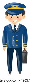Pilot in blue uniform with breifcase illustration