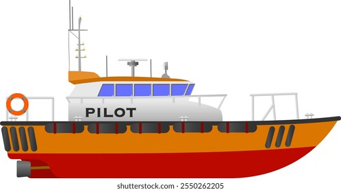 Pilot-Boot. Seitenprofil eines Lotsenbootes, mit dem Hafenlotsen zwischen Schiff und Küste transportiert werden. Isolierte Vektorgrafik.