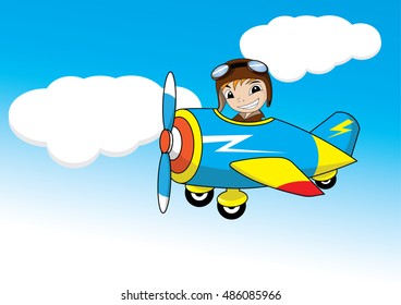 Pilot boy with blue plane on the sky eps 10