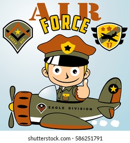 pilot boy on air craft with two badge, kids t shirt design, vector cartoon illustration