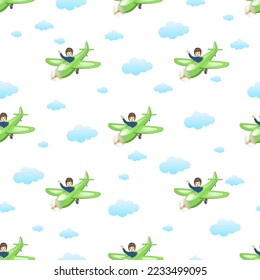 PIlot Boy waving his hand seamless pattern vector illustration