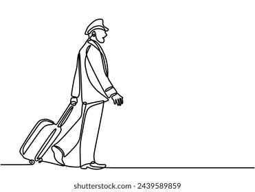 Pilot bring suitcase in one continuous line drawing style.