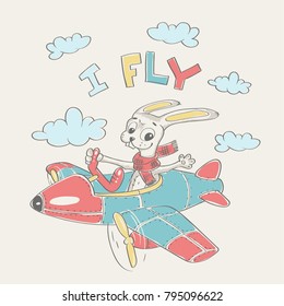 Pilot bunny vector cartoon illustration