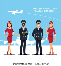 Pilot, capitan  , flying attendants  ,air hostess  , Vector illustration cartoon character