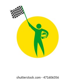 pilot car or motorcycle racing with flag in hand. The winner of the race. Minimalism.