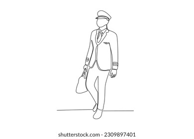 A pilot carries a bag at the airport. Airport activity one-line drawing