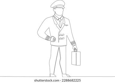 Un piloto llevando una maleta. Dibujo de una línea piloto y plano