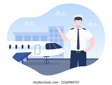 Pilot Cartoon Vector Illustration with Airplane, Air Hostess, City or Airport Background Design