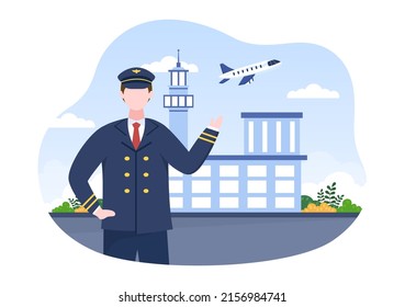 Pilot Cartoon Vector Illustration with Airplane, Air Hostess, City or Airport Background Design