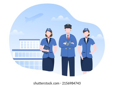 Pilot Cartoon Vector Illustration with Airplane, Air Hostess, City or Airport Background Design