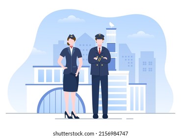 Pilot Cartoon Vector Illustration with Airplane, Air Hostess, City or Airport Background Design