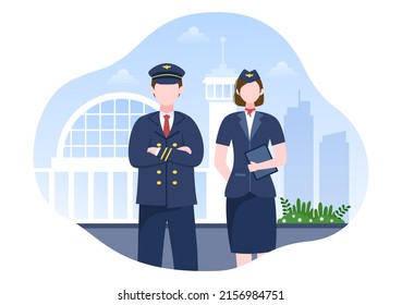 Pilot Cartoon Vector Illustration With Airplane, Air Hostess, City Or Airport Background Design