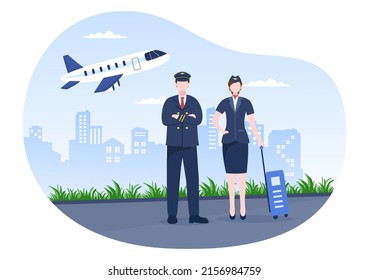 Pilot Cartoon Vector Illustration with Airplane, Air Hostess, City or Airport Background Design