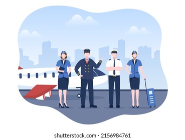 Pilot Cartoon Vector Illustration with Airplane, Air Hostess, City or Airport Background Design