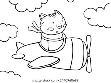 Pilot Cat on Plane, Children Coloring Page. Printable Coloring book Outline black and white.