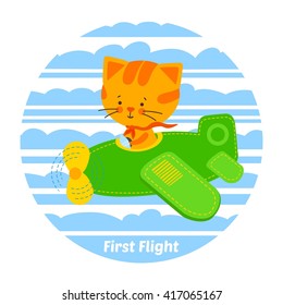 Pilot cat vector illustration, First flight. T-shirt design