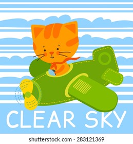 Pilot cat vector illustration, T-shirt girl design