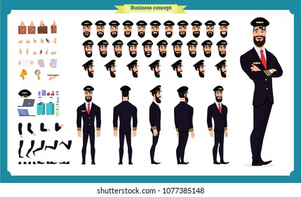 Pilot character creation set.Icons with different types of faces and hair style, emotions,front,rear,side view of male person.Moving arms,legs.Vector illustration Isolated on white background