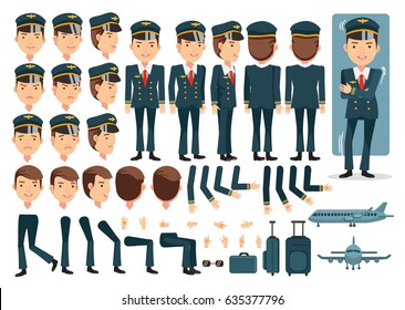 Pilot character creation set.Icons with different types of faces and hair style, emotions,front,rear,side view of male person.Moving arms,legs.Vector illustration Isolated on white background