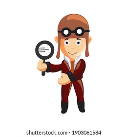pilot character Holding Magnifying illustration use helmet headphones and glasses isolated