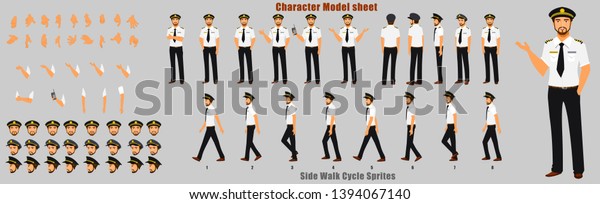 Pilot Character Model sheet with Walk cycle\
Animation. Flat character design. Front, side, back view animated\
character. character creation set with various views, face\
emotions,poses and\
gestures.