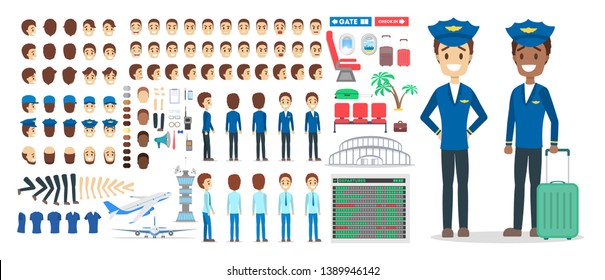 Pilot character set for the animation with various views, hairstyle, emotion, pose and gesture. Airport element. Flat vector illustration