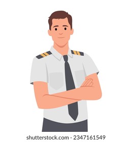 Pilot character and set of elements for his work crossed his hand. Flat vector illustration isolated on white background