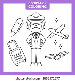 Piloto - Ilustración vectorial de caracteres de la página de coloreado de ocupación de empleo