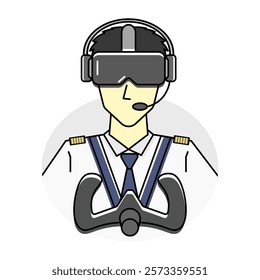 The pilot character wears a VR headset symbolizing the use of virtual reality in a pilot training simulator, indicating the training environment. Relevant in relation to aviation and technology.