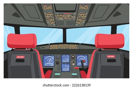 Cockpit Piloto, Cabina de Avión Capitán con Tablero, Sillas y Ventana. Moderno Avión de Pasajeros Interior, Transporte de Jet para Transporte Aéreo, Viajes de Aviación Civil. Ilustración del vector de dibujos animados