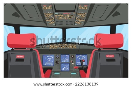Pilot Cockpit, Captain Airplane Cabin with Dashboard, Chairs and Window. Modern Passenger Plane Interior, Jet Transport for Air Transportation, Civil Aviation Travel. Cartoon Vector Illustration