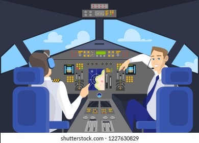 Pilot in cockpit smiling. Control panel in airplane. Captain on the board. Idea of flying and aviation. Flat vector illustration