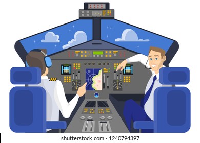 Pilot in cockpit smiling. Control panel in airplane. Captain on the board. Idea of flying and aviation. Flat vector illustration