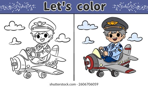 Pilot coloring page, little boy riding a plane, coloring book for kids.