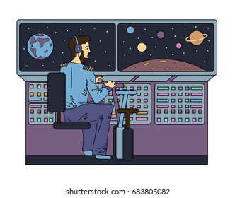 The pilot controls a space ship in space. Vector illustration.
