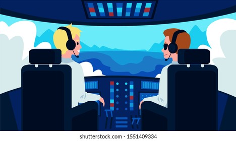 Pilot and copilot cartoon characters inside airplane cockpit flat vector illustration. Pilot's cabin in flying plane with dashboard and cockpit window landscape view.