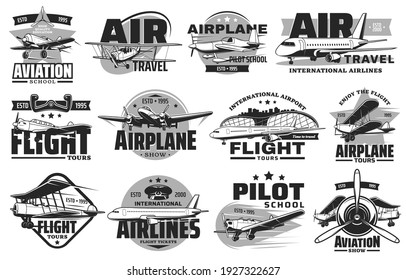 Pilot courses and flight tours icons set. Aviation show, international airline and flying school emblem or badge. Modern airliner and airport terminal, vintage propeller airplanes vector