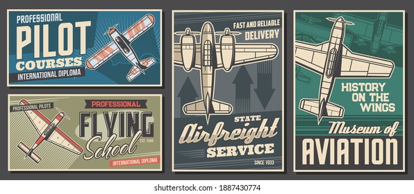 Pilot courses and flying school banners. Air cargo or freight delivery service, aviation history museum exhibition retro posters. Old propeller monoplane, vintage aircraft top view vector